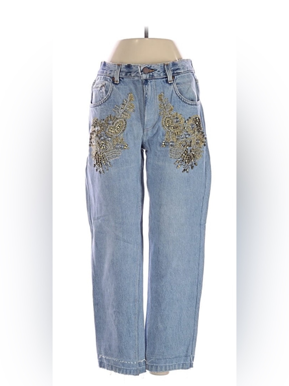Light Blue Boyfriend Jeans with Gold Bead Embellishment